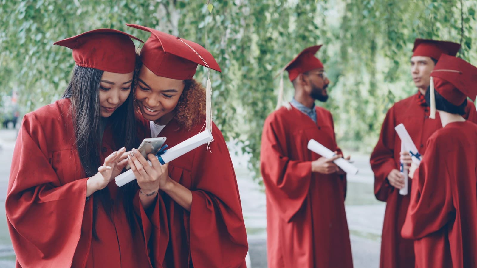 Graduates in gowns celebrating outdoors