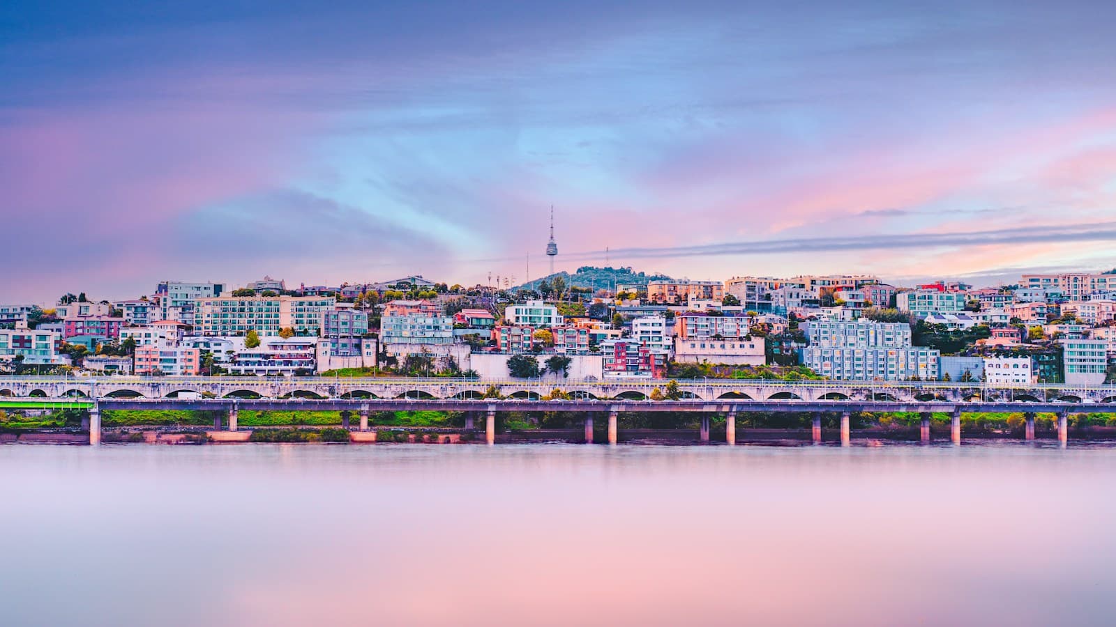 N Seoul Tower above the Han River at dusk